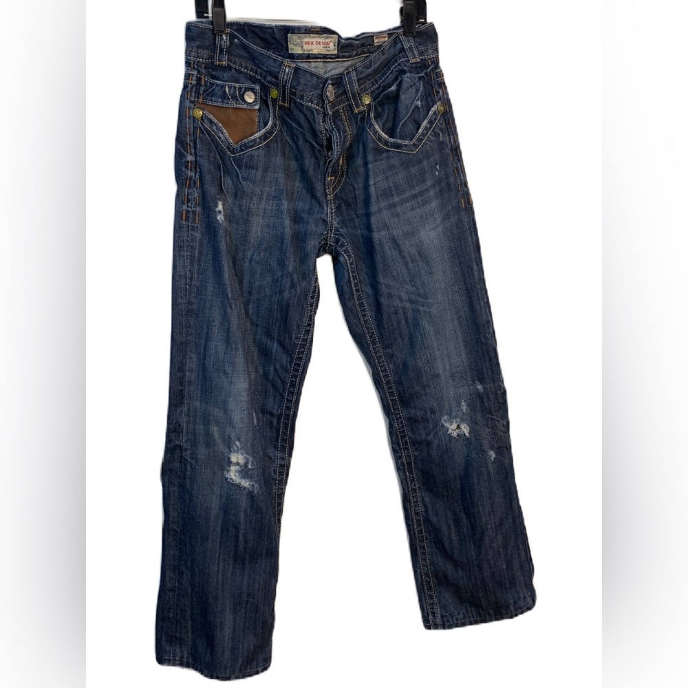 MEK DENIM USA BOULDER BOOT CUT WOMEN JEANS SIZE 32/29 DISTRESSED.